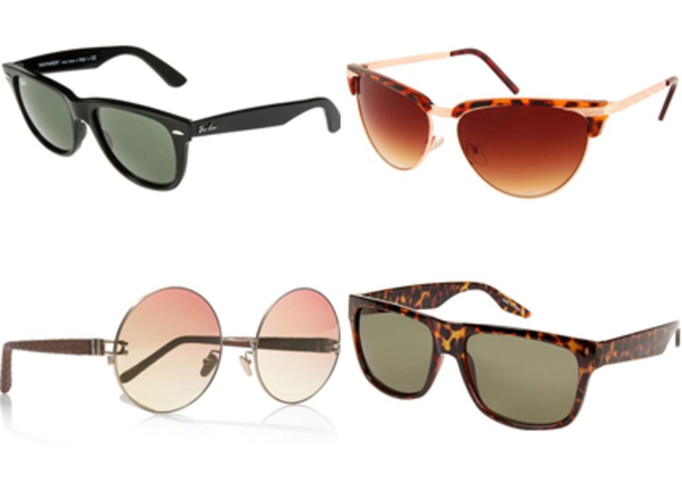Diese Sonnenbrillen liegen im Trend: Sonnenbrille von Ray Ban (Preis ca. 135 Euro); Sonnenbrille von Asos (Preis ca. 16 Euro); Sonnenbrille von Linda Farrow (Preis ca. 540 Euro); Sonnenbrille von Topshop (Preis ca. 21 Euro)