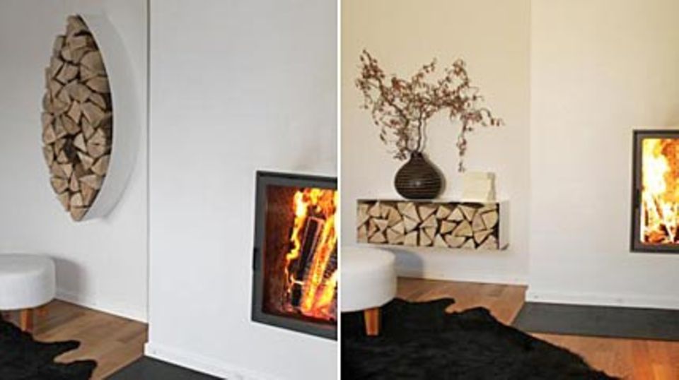 Nachschub zum Verfeuern: mit Holz gefüllte Design-Boxen im Wohnzimmer. Bilder: art4life