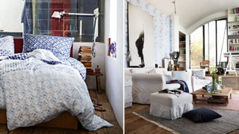 Esprit Home 2013: Blau ist nach wie vor die Farbe in Amsterdam. Links: Bettwäsche ca. 50 Euro, Links: Tapete ca. 23 Euro/Rolle.