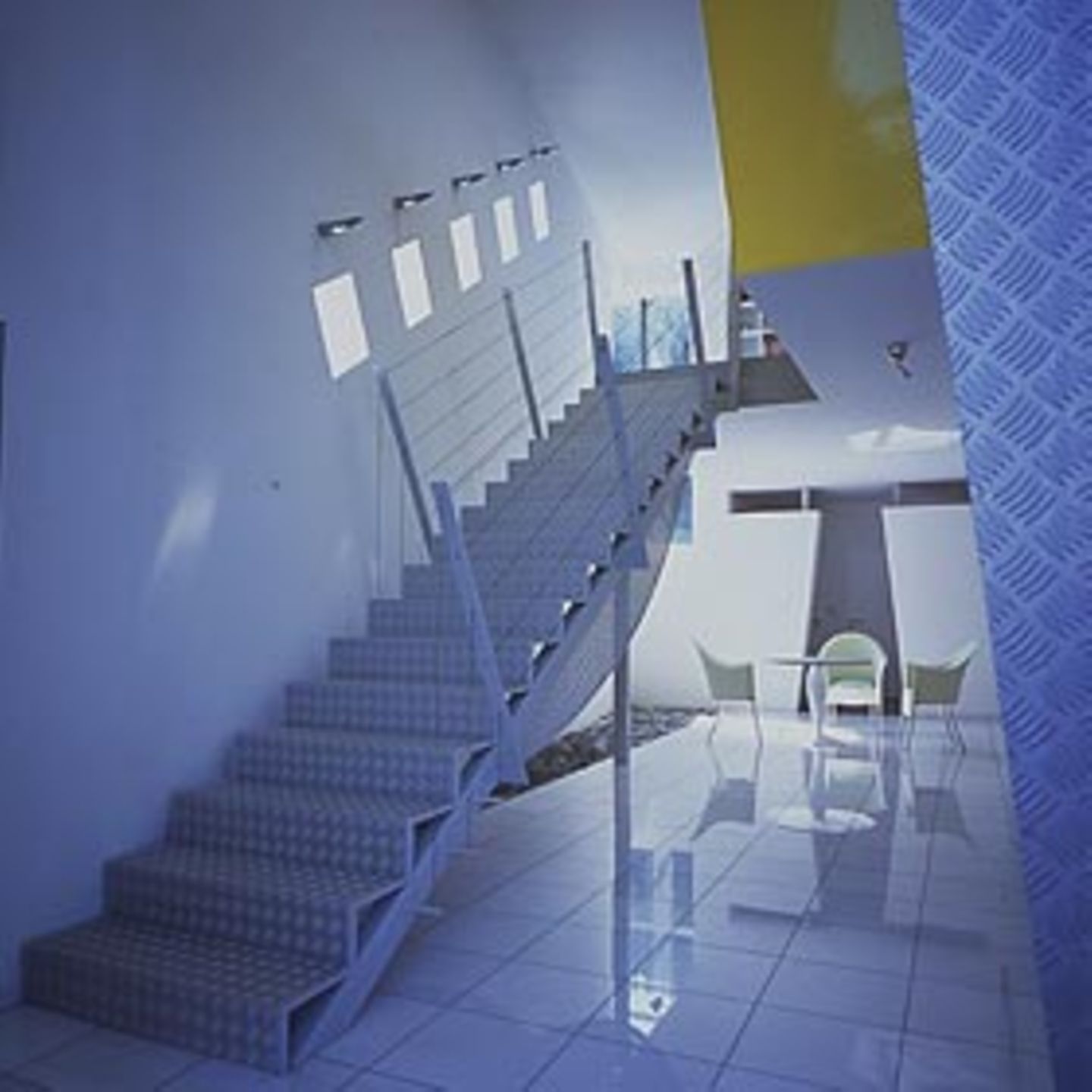 Nicht nur das Geländer, sondern auch die Fenster folgen der Schräge dieser Treppe mit durchgehenden Stufen aus Aluminium-Warzenblech. Die klaren Linien der Wände und der Fliesen werden so noch verstärkt. (Entwurf: Hans Häusler)