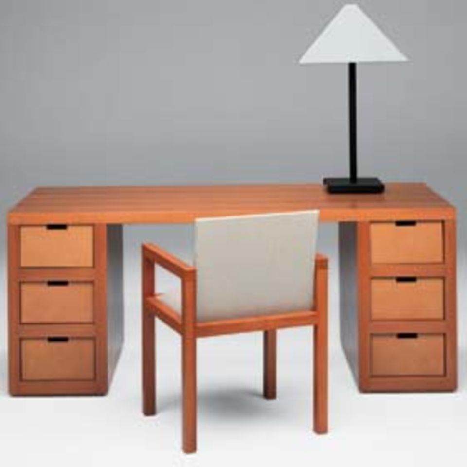 Schreibtisch Birnenholz mit Lederschubläden. Maße: 180x80x74H cm