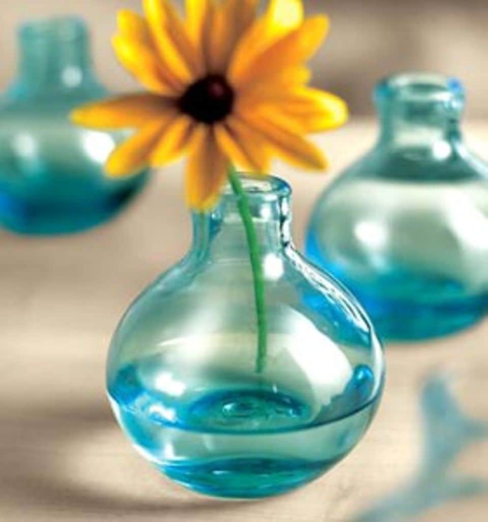 Sieht fast aus wie Wasser pur: die türkis-transparente Vase bietet Platz für ein paar kleinere Blüten. Damit es dann so richtig nach Frühling aussehen kann, gibt es die Vasen gleich im Dreierpack. Detailinformation und Bestellmöglichkeit