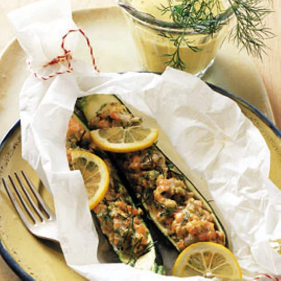 Rezept: Zucchini mit Fisch-Garnelen-Füllung