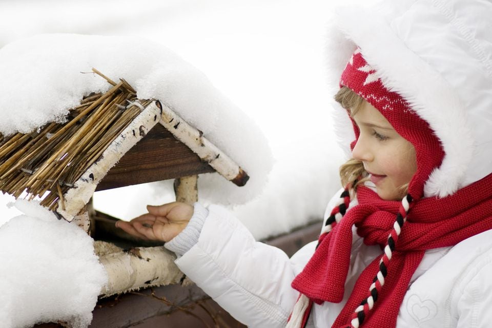 Kind mit Vogelhaus im Schnee