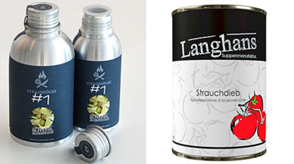 Schönes Produktdesign: Olivenöl aus der "Strandküche" und Tomatensuppe "Strauchdieb" aus der Langhans Suppenmanufaktur.