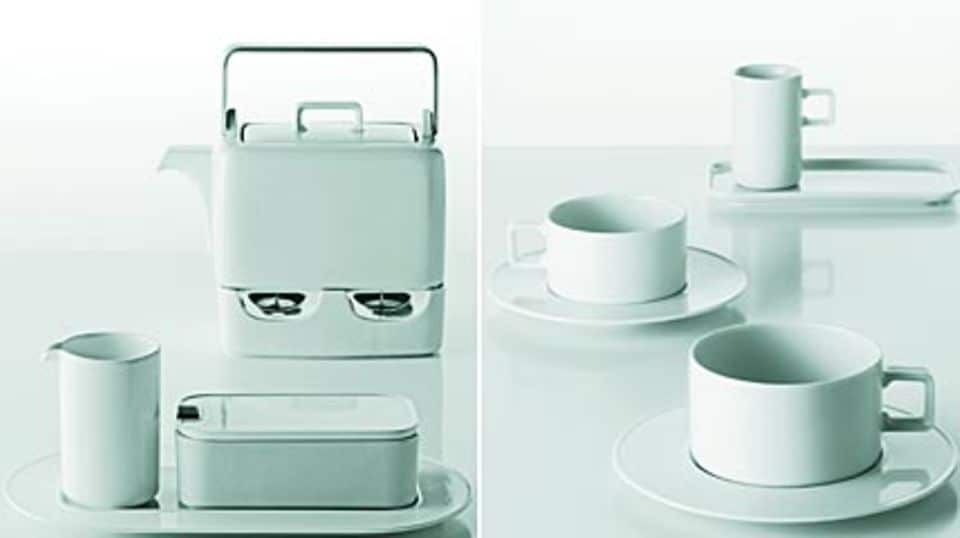 Eckige Teekannen mit Stövchen, Runde Tassen mit eckigen Henkeln. Eine Platte wird gleichzeitig zum Tablett: Fotos: Depot