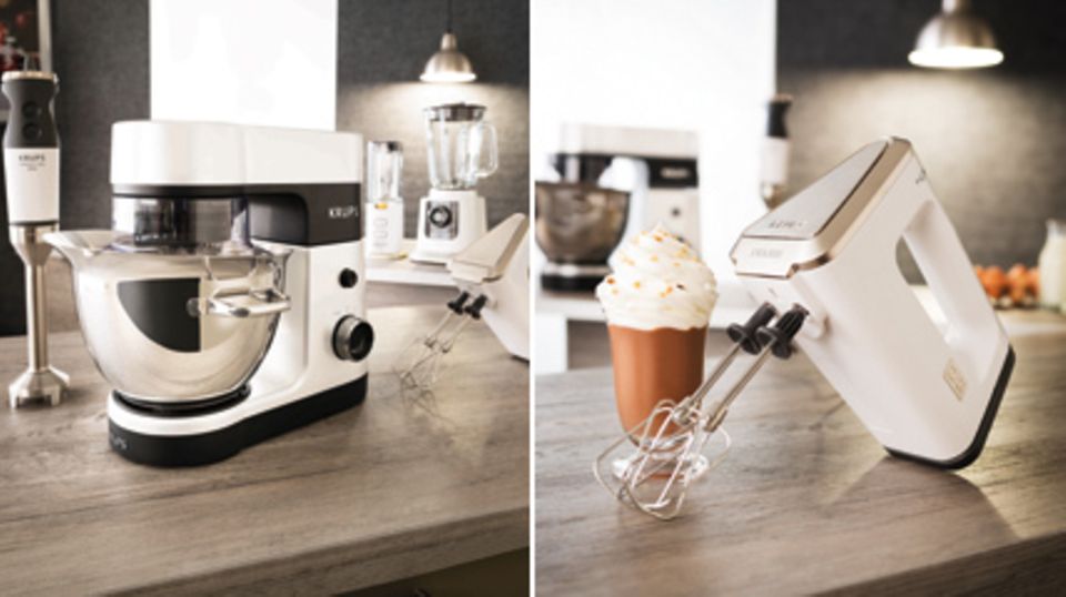 Die "Küchenmaschine Perfect Mix 9000" und der "Handmixer 3 Mix 9000" sind praktische Küchenhelfer aus der neuen Serie "White Collection Perfect Mix". Fotos: Krups