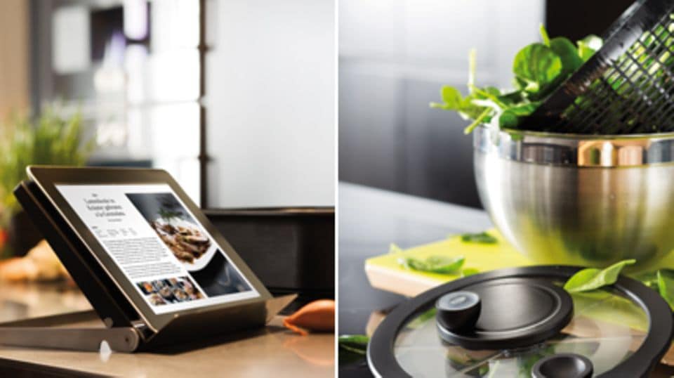 Ein moderner Kochbuchhalter, auch für Tablets (links), und eine elegante Salatschleuder (rechts) ergänzen bei Rösle die Produktpalette. Fotos: Rösle