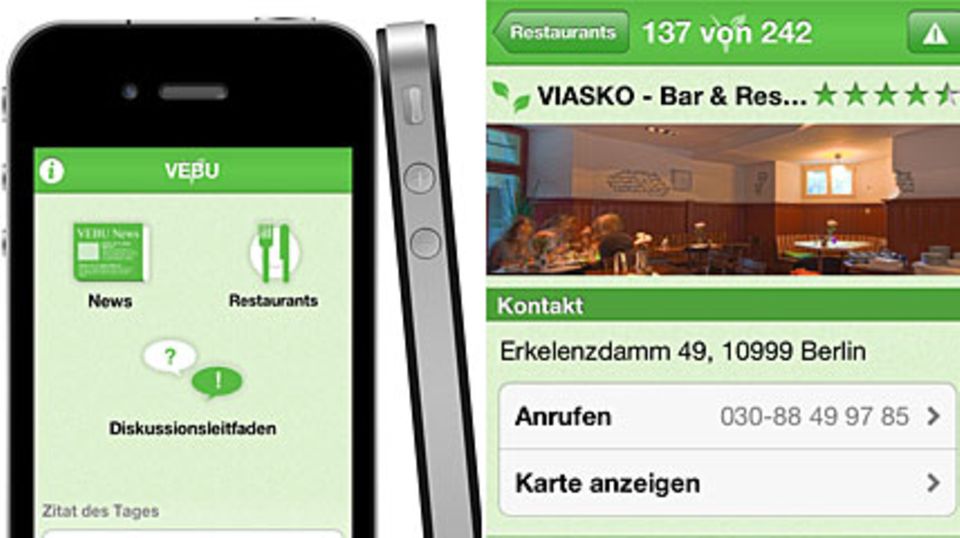 Mit der VEBU-App vegetarische und vegane Restaurants finden oder den Diskussionsleitfaden nutzen . Fotos: Vegetarierbund Deutschland