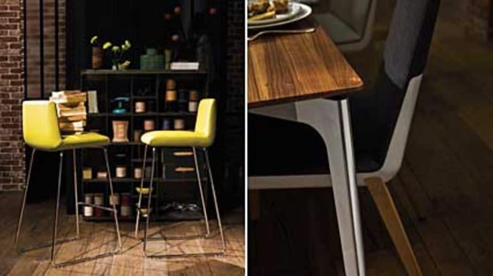 Links: Die Barhocker gehörem zum Stuhl-Programm Rolf Benz "Sinus". Rechts: Den Tisch Rolf Benz "Co-Sinus" ist der passende Begleiter. Fotos: Rolf Benz