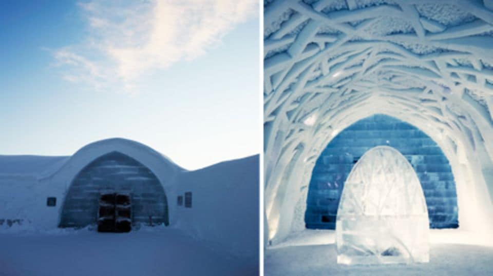 Links: Eingang des Icehotels. "Frosty Forrest" gestaltet von den Künstlern L. Pobornikova und V. Tsarki. Fotos: Christopher Hausner