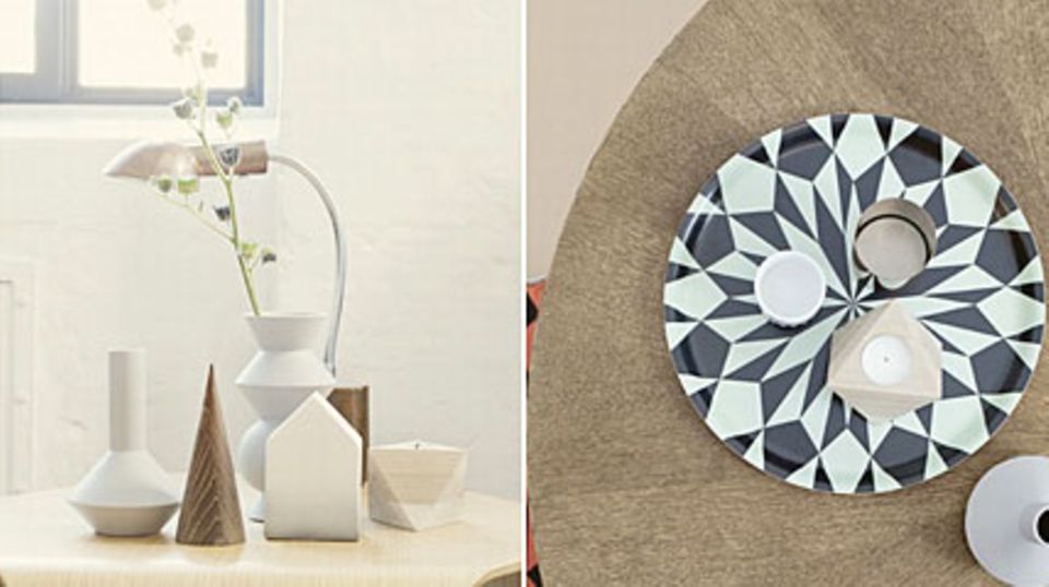 Kleine Wohnaccessoires wie skulpturale Vasen (links und Mitte) oder musterstarke Tabletts verschönern die Wohnung. Fotos: Ferm Living