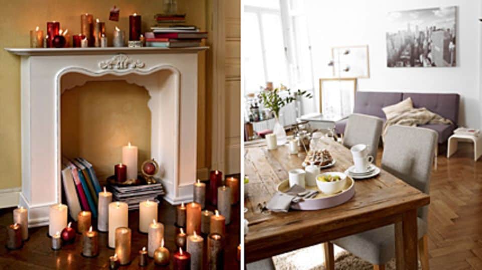 Ein Gang durch die Wohnung: Das Wohnzimmer ist stimmungsvoll mit Kerzen dekoriert, der gedeckte Tisch lädt zum Platznehmen ein. Fotos: Depot