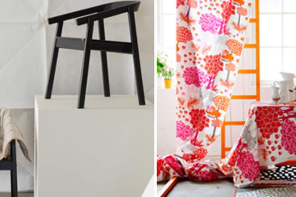 Den graphischen Stuhl (links) und die farbenfrohe Meterware mit schwedischen Motiven gibt es jetzt auch bei Ikea.
