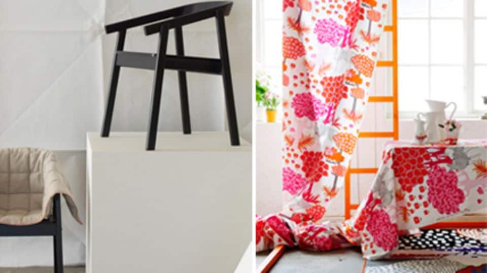 Den graphischen Stuhl (links) und die farbenfrohe Meterware mit schwedischen Motiven gibt es jetzt auch bei Ikea.