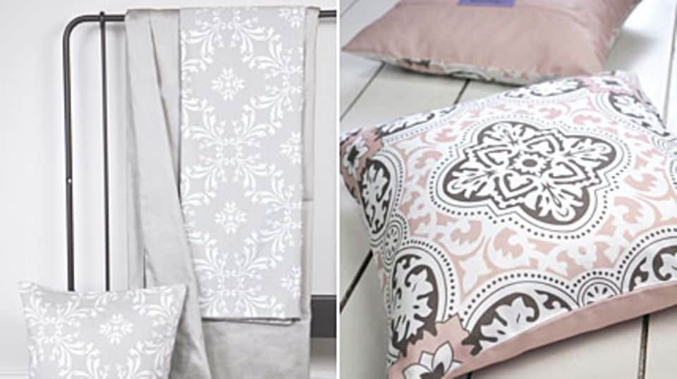 Hohe Fliesenkunst auf Textilien: die neuen Dessins "Macao" (links) und "Santa Maria" (rechts). Fotos: Peppa Grace