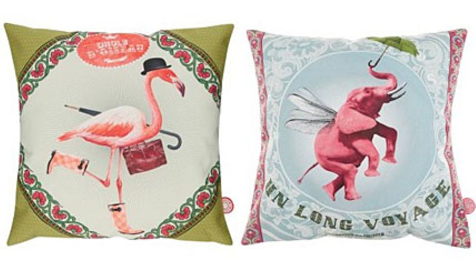 Von britischen Business-Flamingos bis zu fliegenden Elefanten: Sehr fantasievoll sind die Tierkissen von Bonjour Mon Coussin.