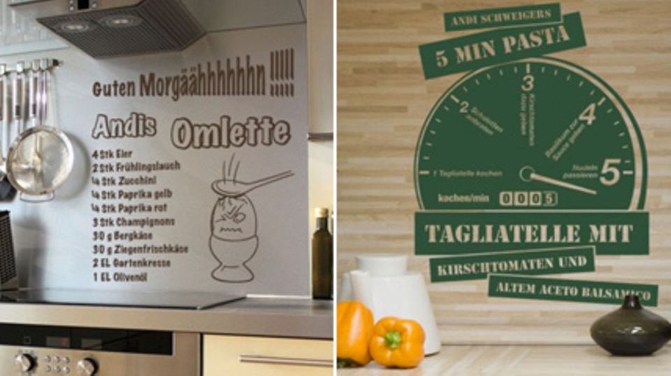 Die Wandtattoos "Omlette" und "5 Minuten Pasta" von Andi Schweiger. Fotos: Klebefieber