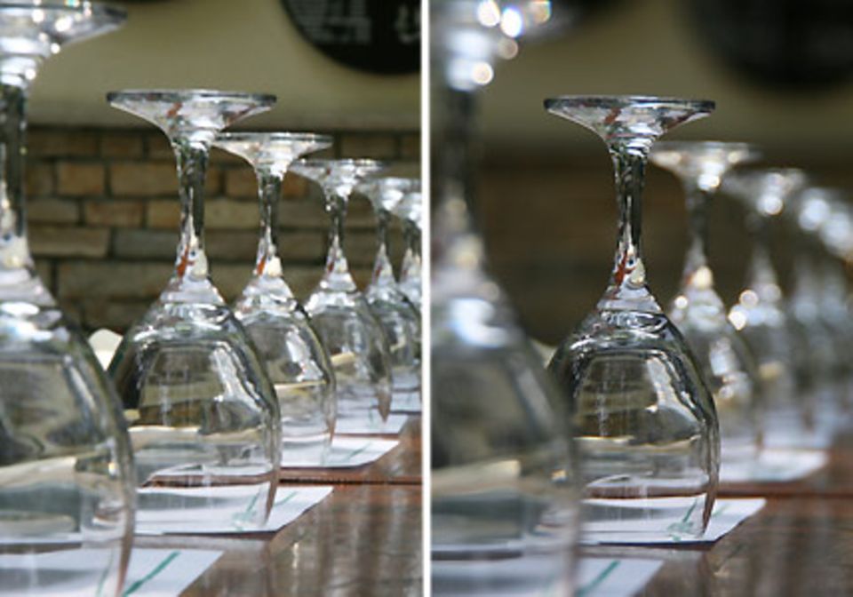 Eine kleine Blende (hier f/22, links) erzeugt große Schärfentiefe, die Gläser sind bis hinten gut zu erkennen. Eine große Blende (hier f/5,6) betont dagegen eine einzige Bildebene. Foto: Thomas Heß