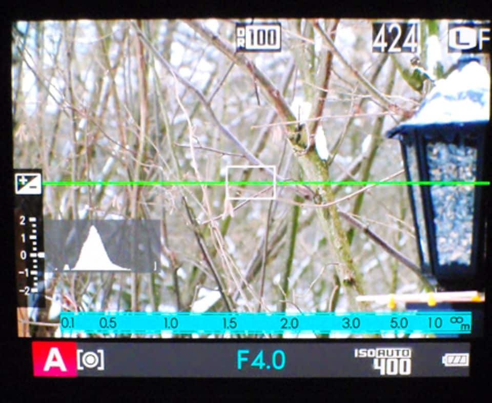 Blick durch den elektronischen OLED-Sucher der X-E1: eine Wasserwaage sorgt für die genaue Ausrichtung der Kamera.
