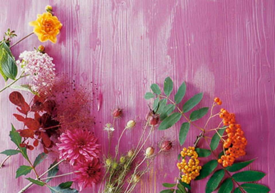 Zu unserem Herbststrauß gehören: Gelbe Dahlien, Hortensien, Perückenstrauch, Dahlien in Pink, Jungfer im Grünen und Vogelbeeren (von links nach rechts).