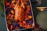 Ente mit Rotkohl, Kürbis und Kartoffeln vom Blech