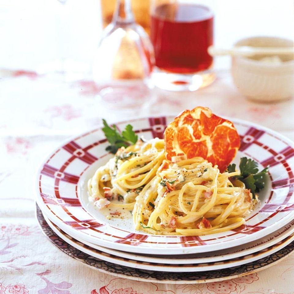 Spaghetti Carbonara mit Coppa und Taleggio: Rezept