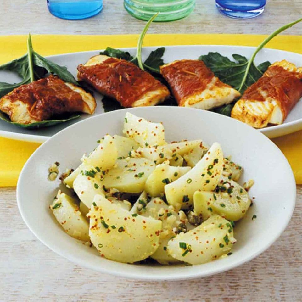 Kohlrabi in Kapern-Senf-Butter mit Speck-Kabeljau
