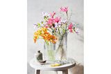 Winterstrauß mit bunt blühenden Clematis in durchsichtigen hohen Vasen