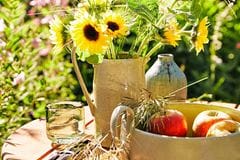 Kleiner runder Gartentisch mit Sonnenblumen und einer Schale mit Äpfel