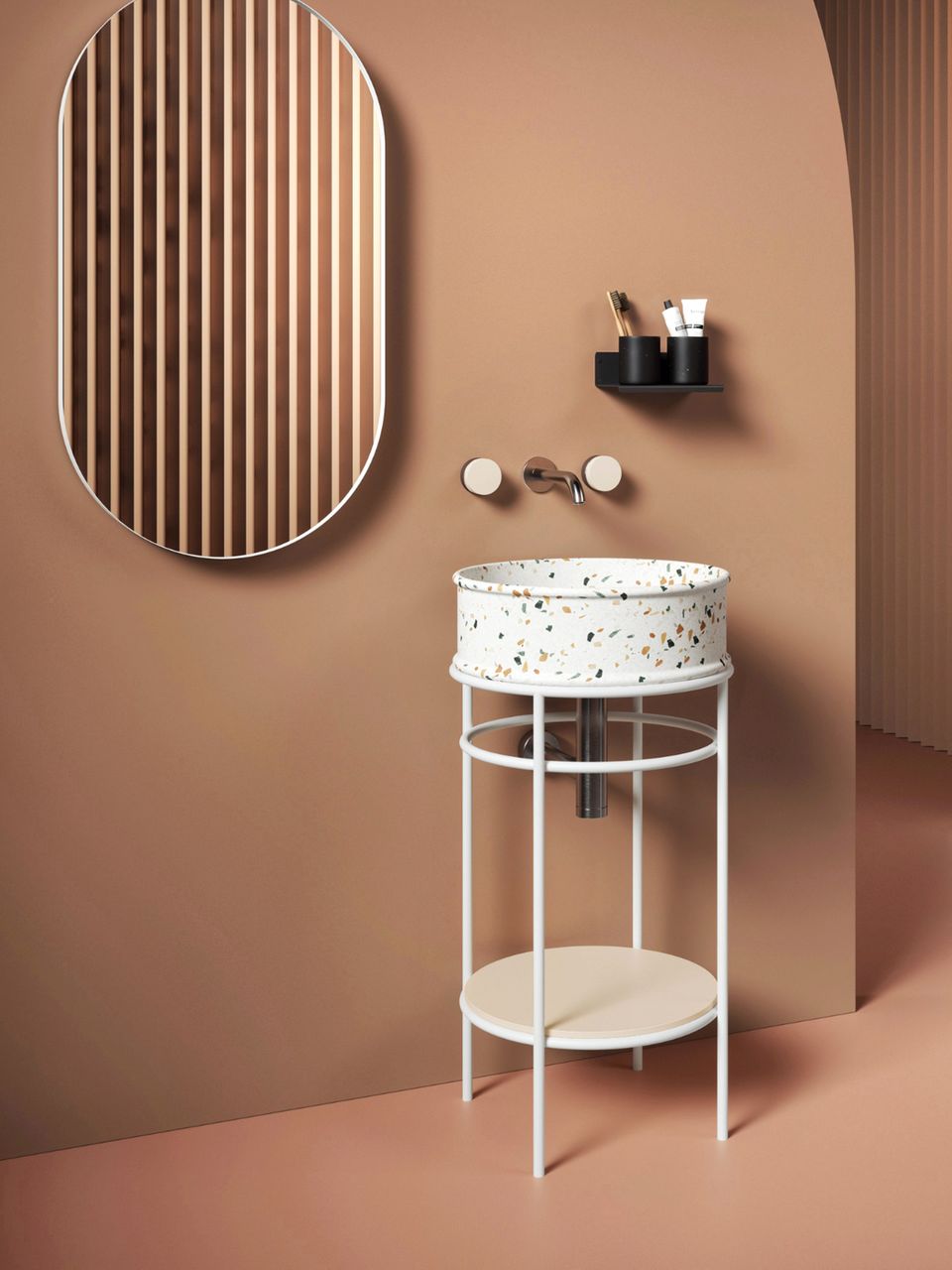 Waschtisch im Terrazzo-Look mit frei stehendem Untergestell vor brauner Wand