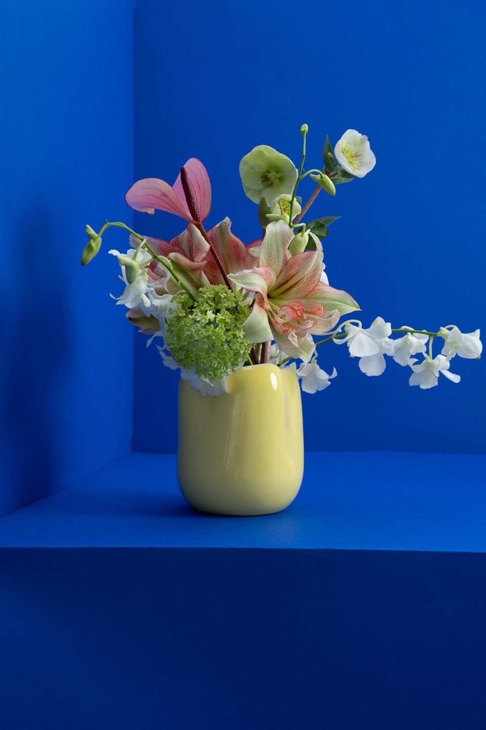 Gelbe Vase mit Blumenstrauß vor blauem Hintergrund
