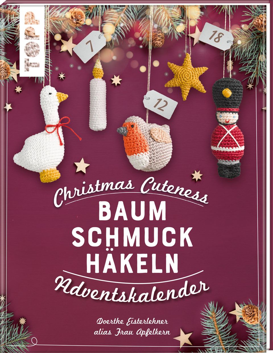 Buchcover "Baumschmuck häkeln" mit gehäkelter mit Gans, Kerze, Vogel und Zinnsoldat